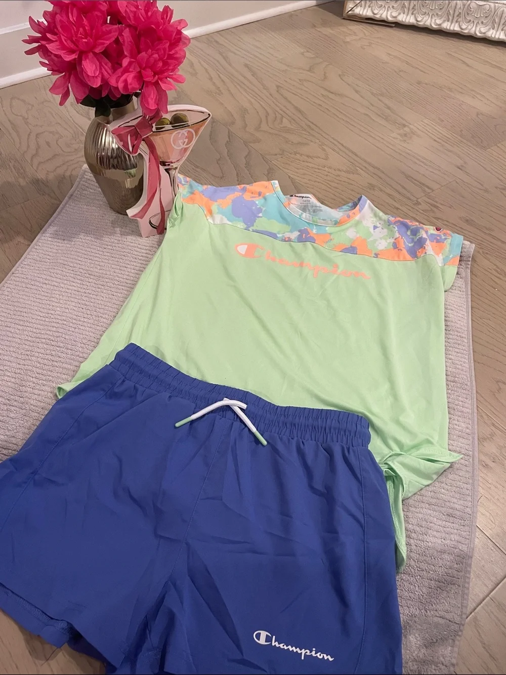 Champion Mint Green Tee with Multicolor Yoke & Royal Blue Shorts